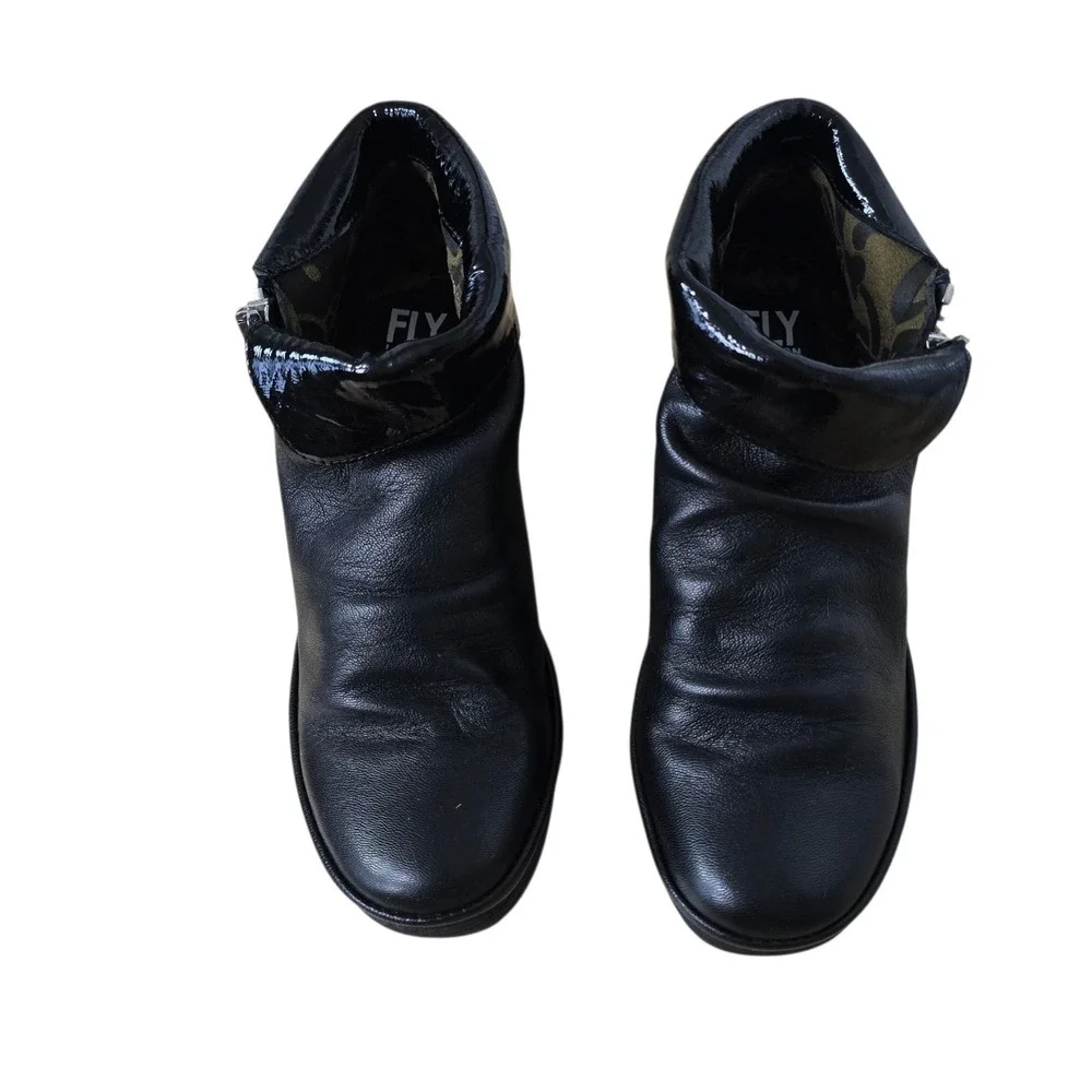 Fly London Yip Black Leather Wedge Ankle Boots Patent Trim Size 40 US 9